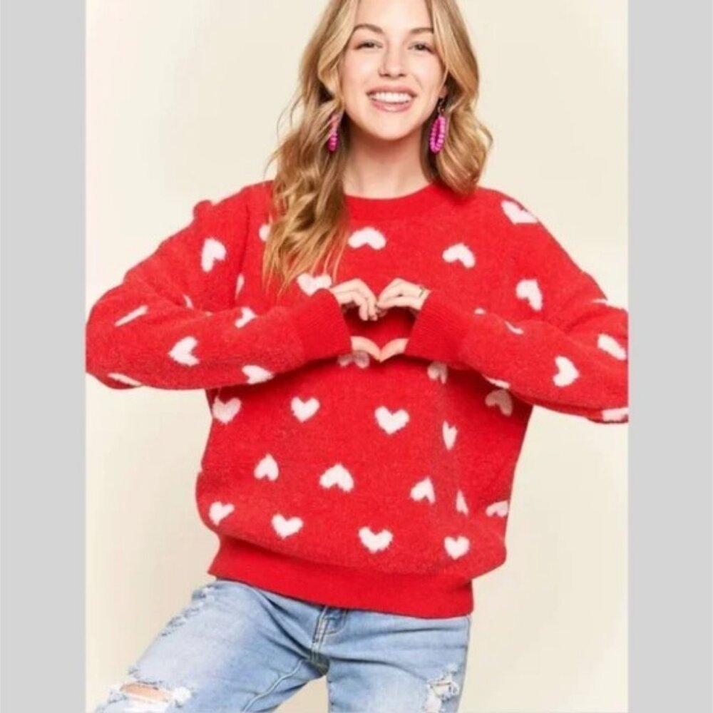 CeCe Heart Pattern Red Sweater Crew Neck Oversized Size XS Valentine's Day